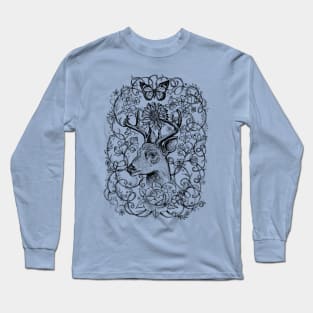 Deer with flowers - Black and White drawing - Spirt animal stag. Long Sleeve T-Shirt